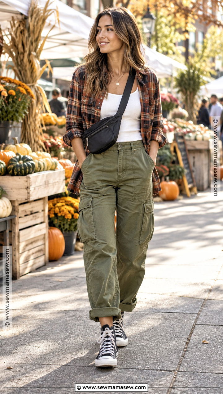 Green Cargo Pants With Plaid Shirt - 15 Cargo Pants Outfit Fall Street Styles