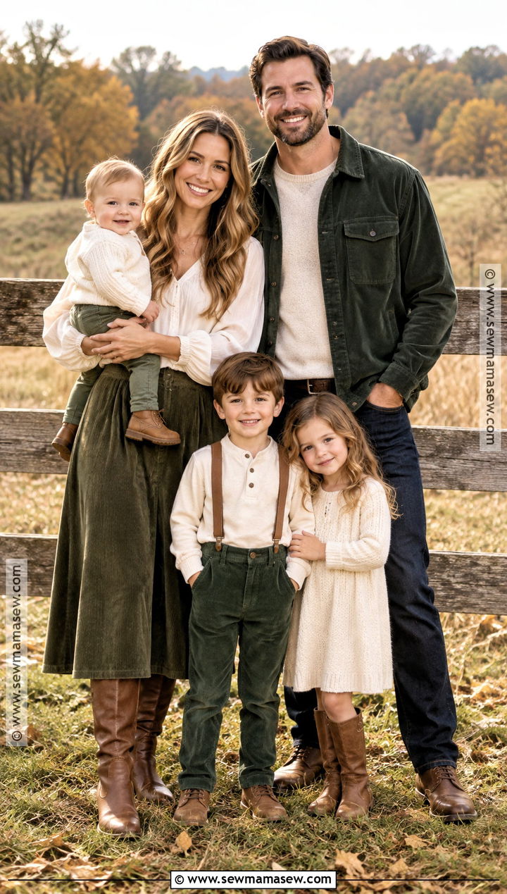 Green Corduroy And Ivory Family Photo Outfit - 15 fall photoshoot outfits family green