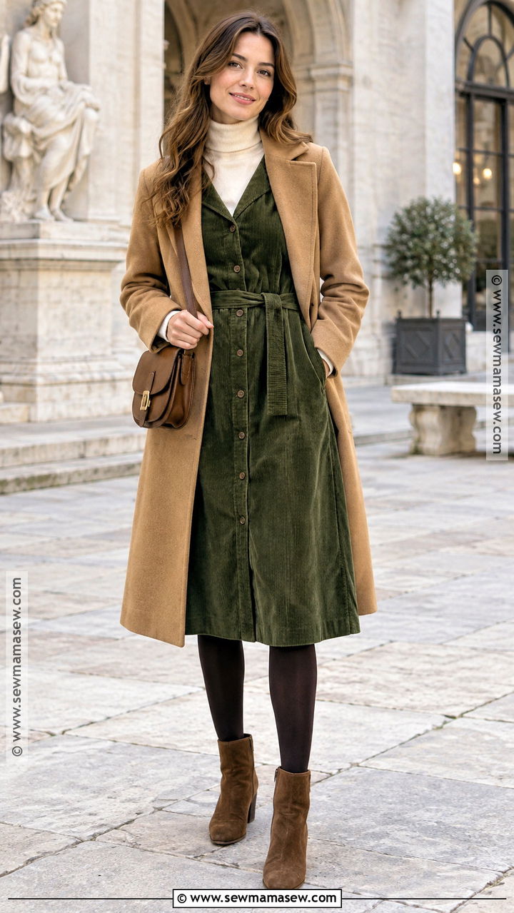 Green Corduroy Dress With Ankle Boots - 20 autumn green outfit ideas