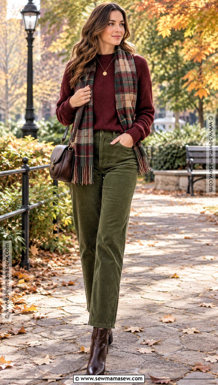 Green Corduroy Pants With Burgundy Sweater And Boots - 15 green corduroy pants outfit fall