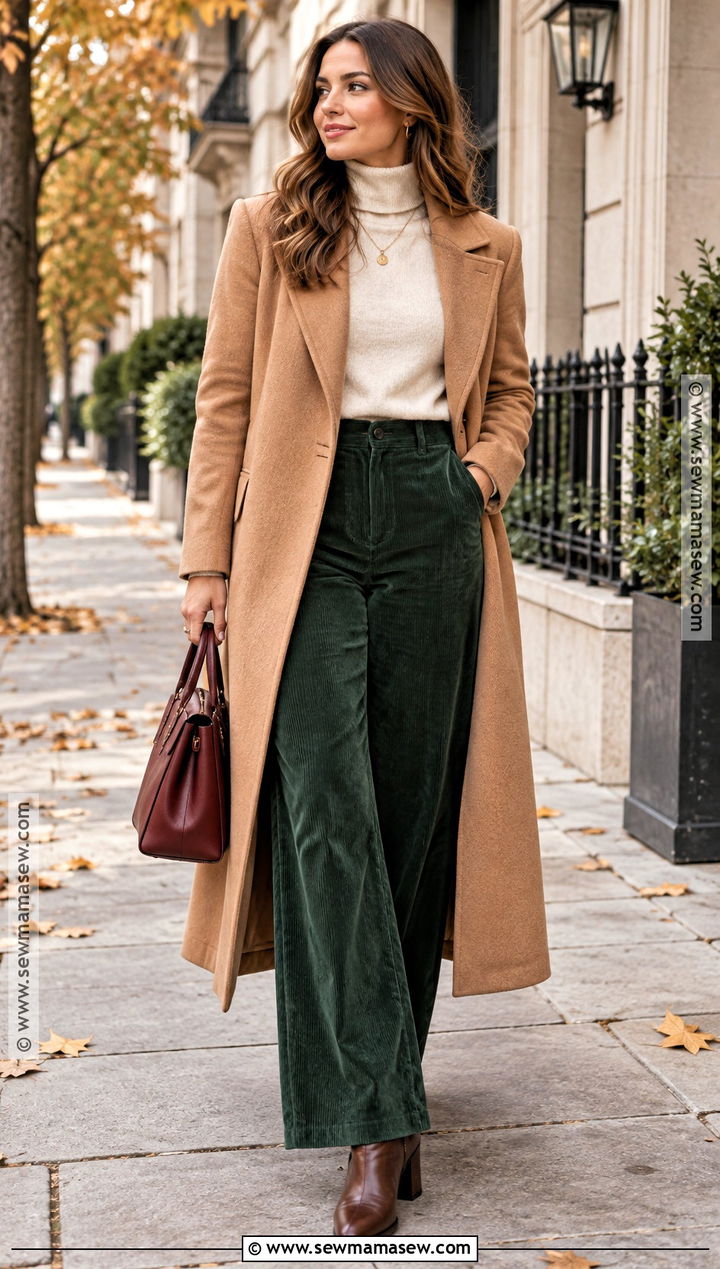 Green Corduroy Pants With Camel Coat And Turtleneck - 15 green corduroy pants outfit fall