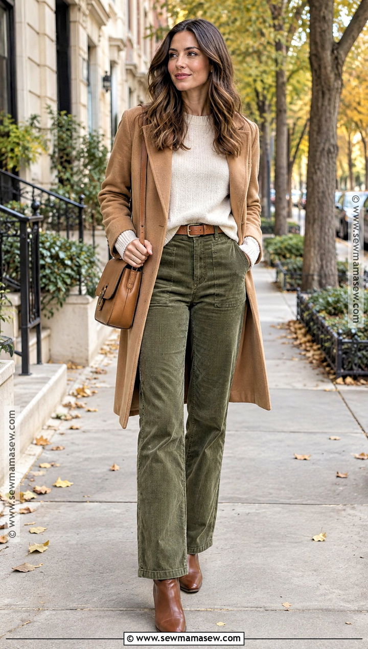Green Corduroy Pants With Cream Sweater And Ankle Boots - 15 green corduroy pants outfit fall