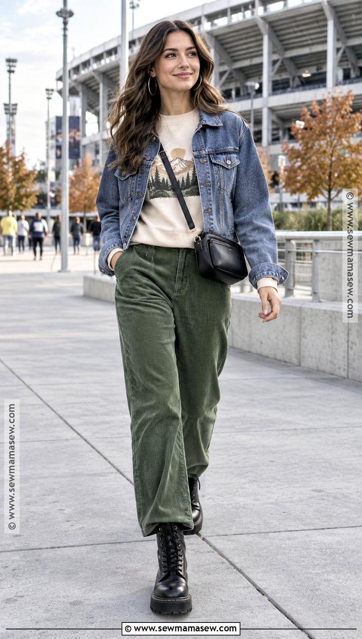 Green Corduroy Pants With Graphic Sweatshirt And Combat Boots - 15 green corduroy pants outfit fall