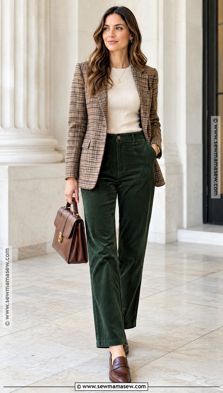 Green Corduroy Pants With Plaid Blazer And Loafers - 15 green corduroy pants outfit fall