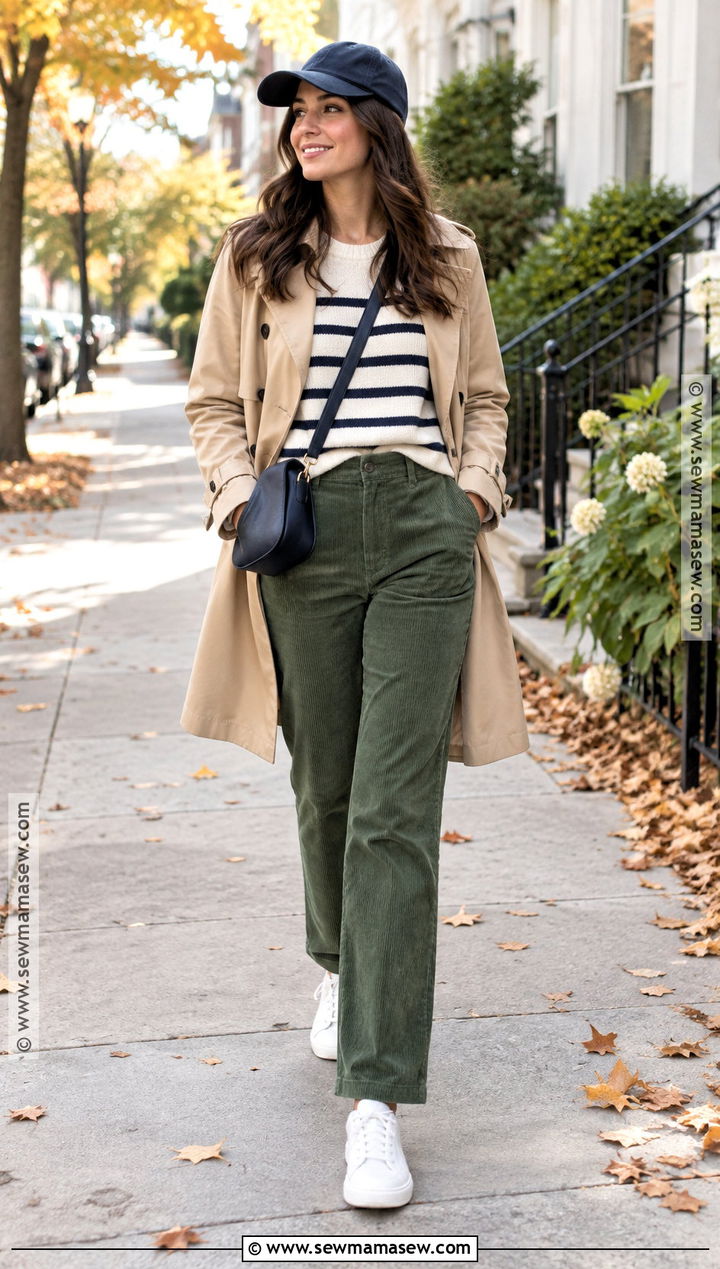 Green Corduroy Pants With Striped Sweater And White Sneakers - 15 green corduroy pants outfit fall