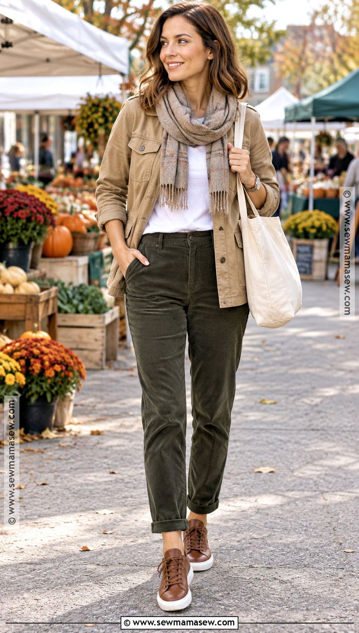 Green Corduroy Pants With Utility Jacket And T Shirt - 15 green corduroy pants outfit fall