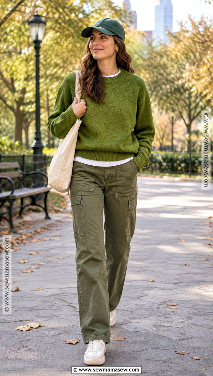 Green Crewneck Sweater With Utility Pants - 15 Fall Green Knitwear Ideas