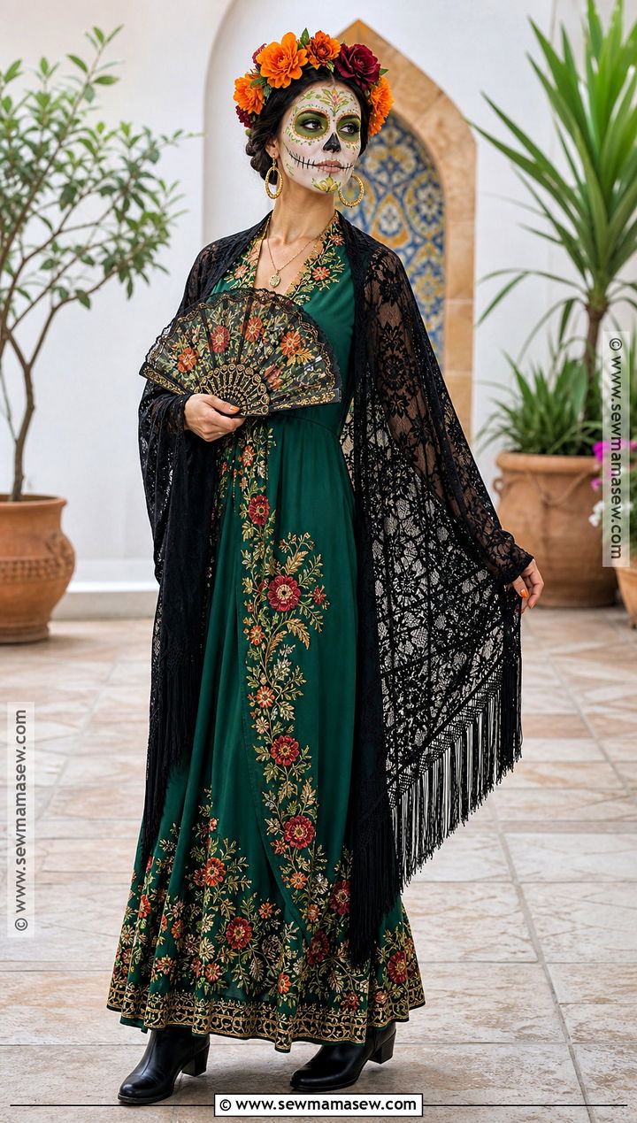 Green Embroidered Catrina Outfit - 35 day of the dead outfit ideas