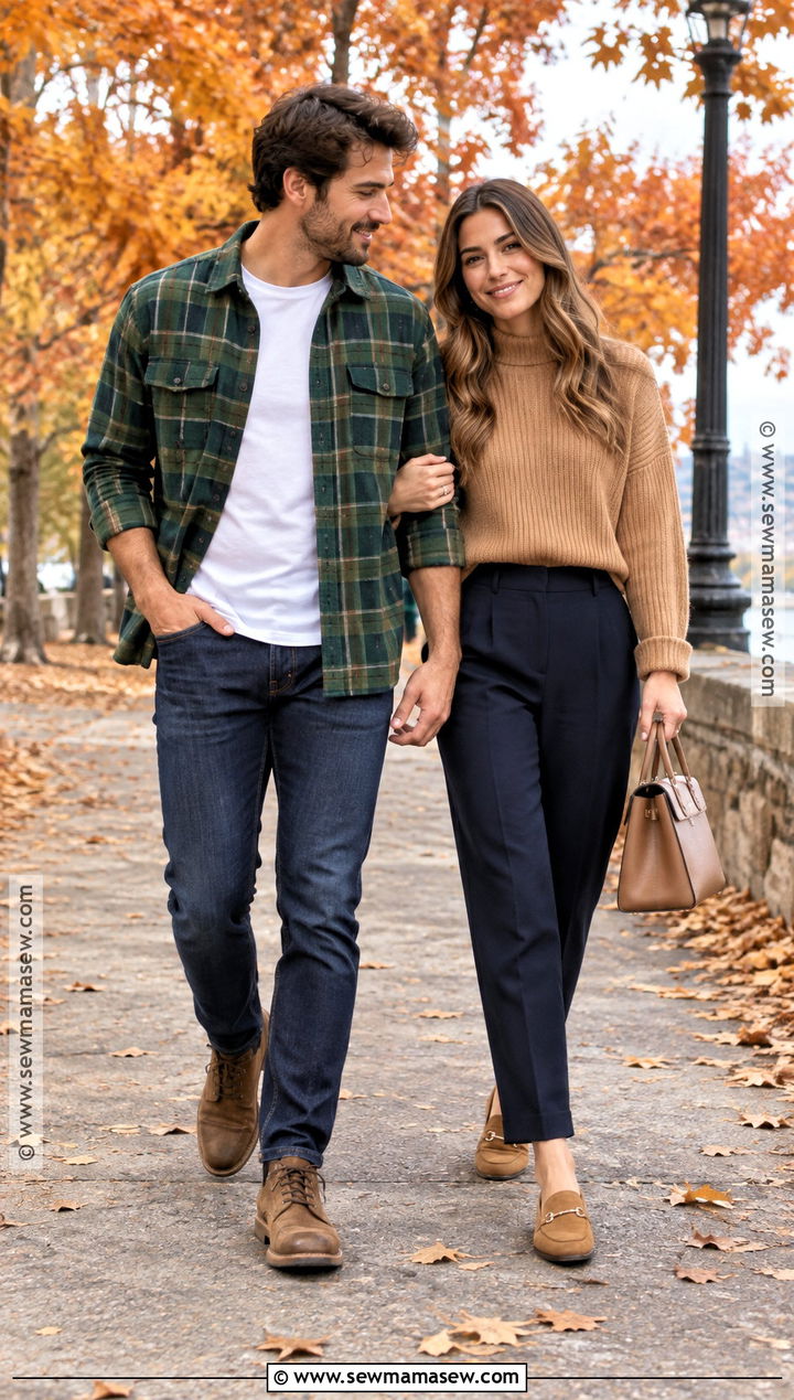 Green Flannel And Camel Sweater Couples Outfit - 15 couples fall photoshoot outfits flannel
