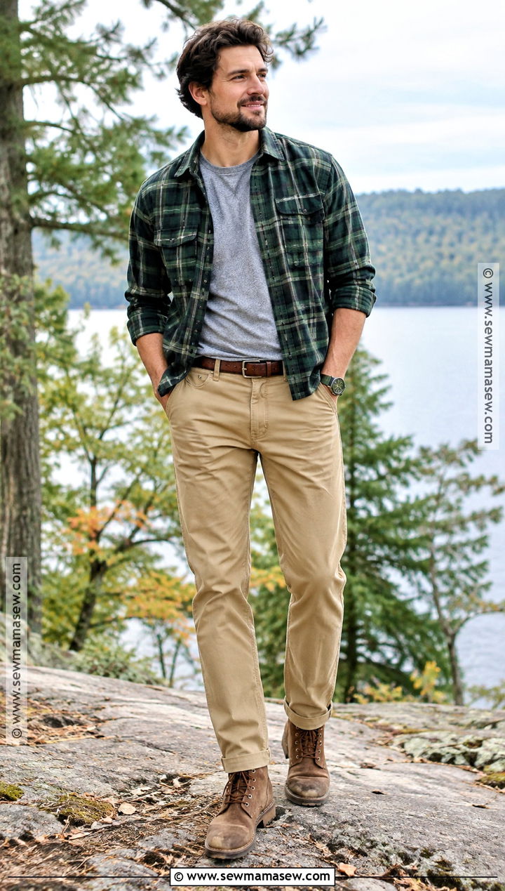 Green Flannel Outfit With Tan Chinos - 15 guys fall outfits flannel