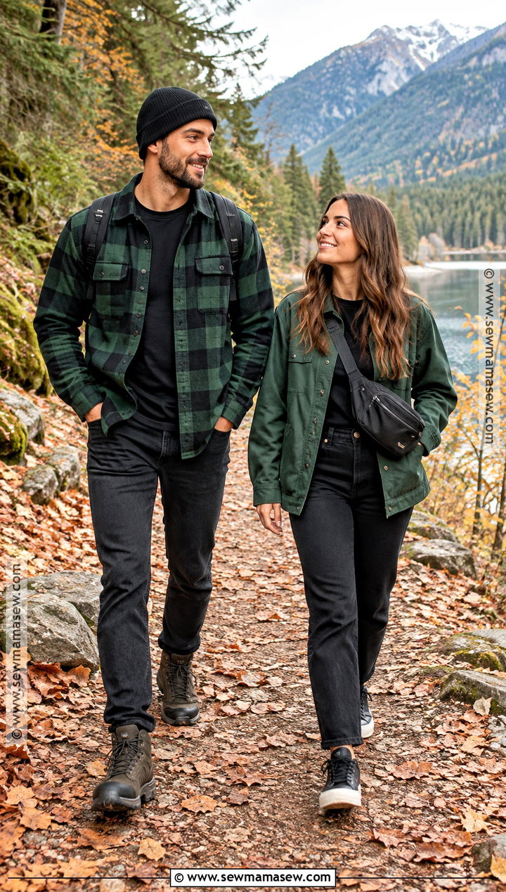 Green Flannel and Black Jeans Couple Outfit - 25 matching fall outfits for couples