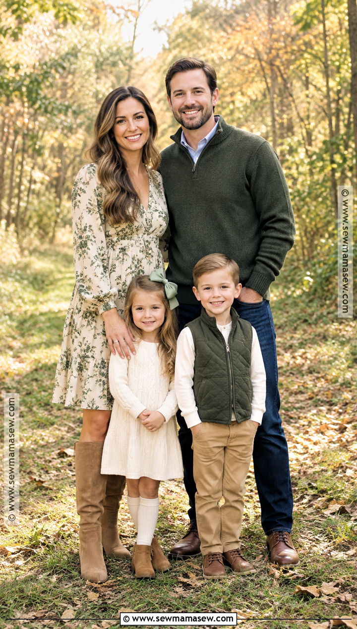 Green Floral And Cream Fall Family Picture Outfit - 25 casual fall family picture outfits
