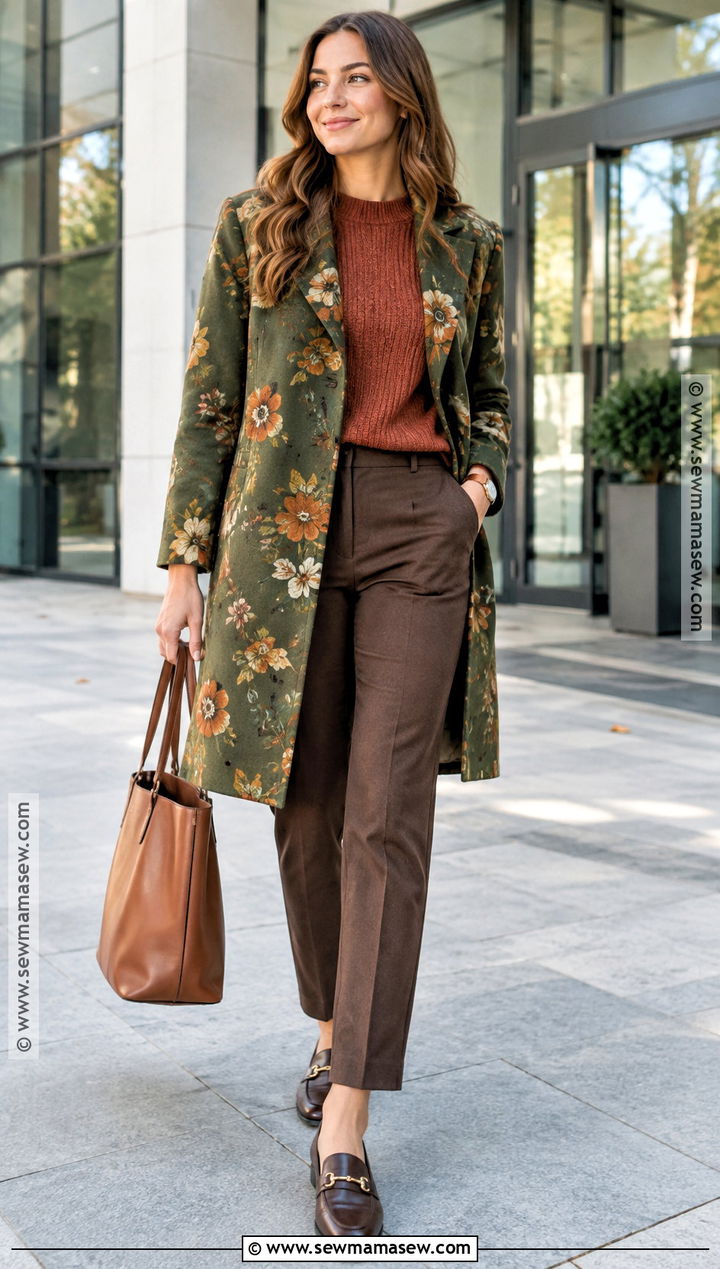Green Floral Coat With Rust Knit And Brown Trousers - 15 autumn floral coat style ideas