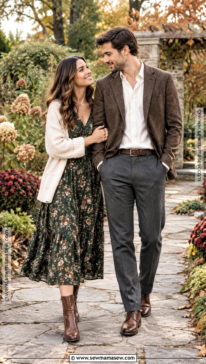 Green Floral Dress And Brown Blazer Fall Couple Outfit - 25 fall photo shoot outfits for couples