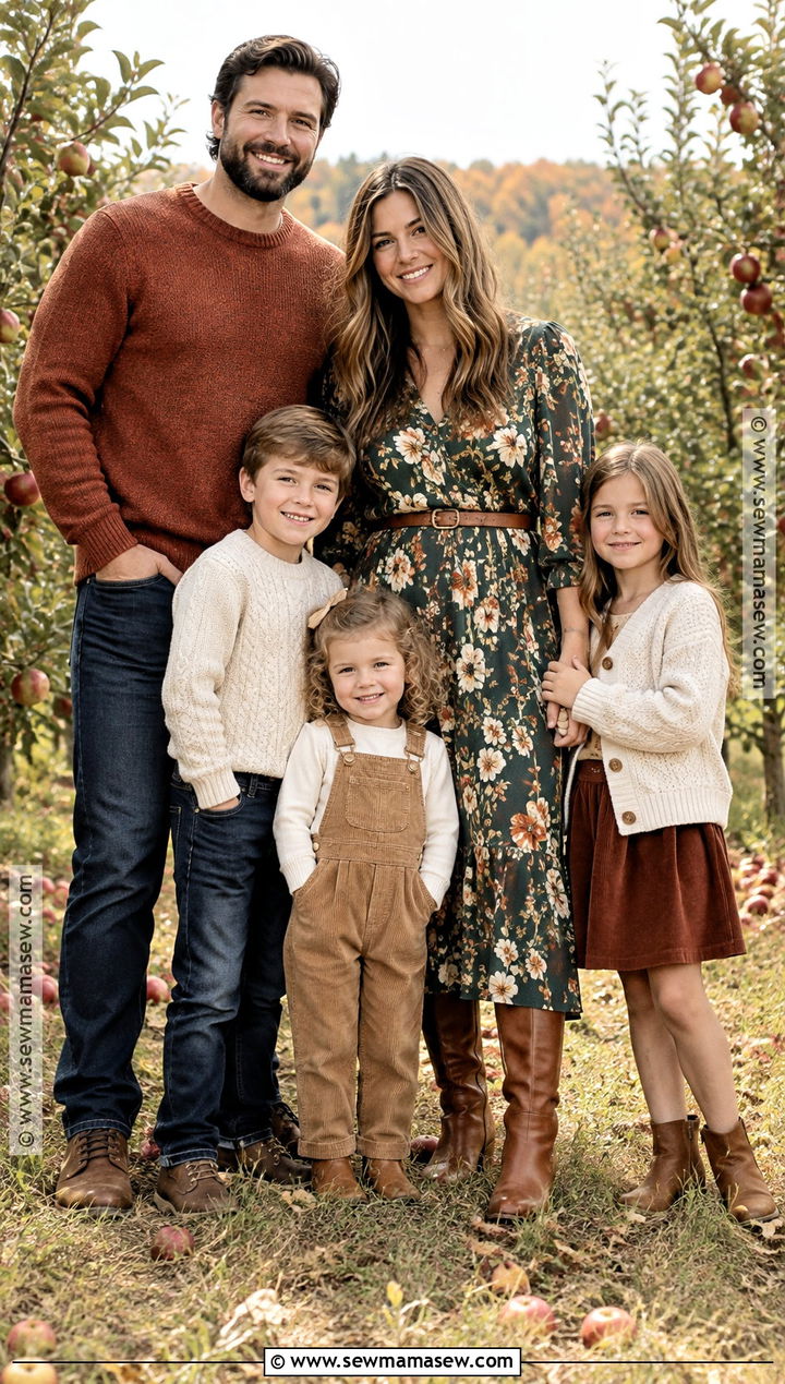 Green Floral Dress With Rust Family Outfits - 15 Green Dress Fall Family Photos Ideas