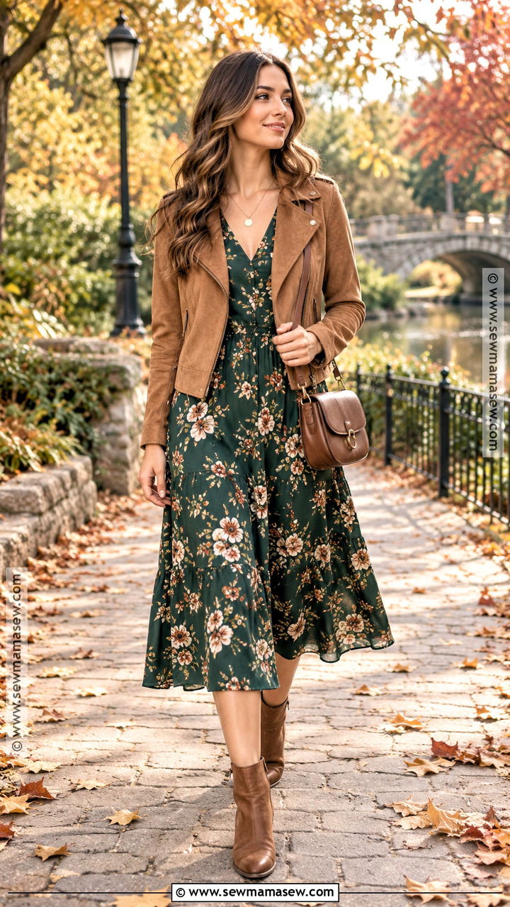 Green Floral Fall Dress With Suede Jacket - 20 Floral Fall Dress Ideas