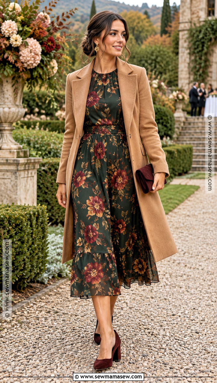 Green Floral Long Sleeve Midi Dress - 15 Green Fall Wedding Guest Dress Ideas