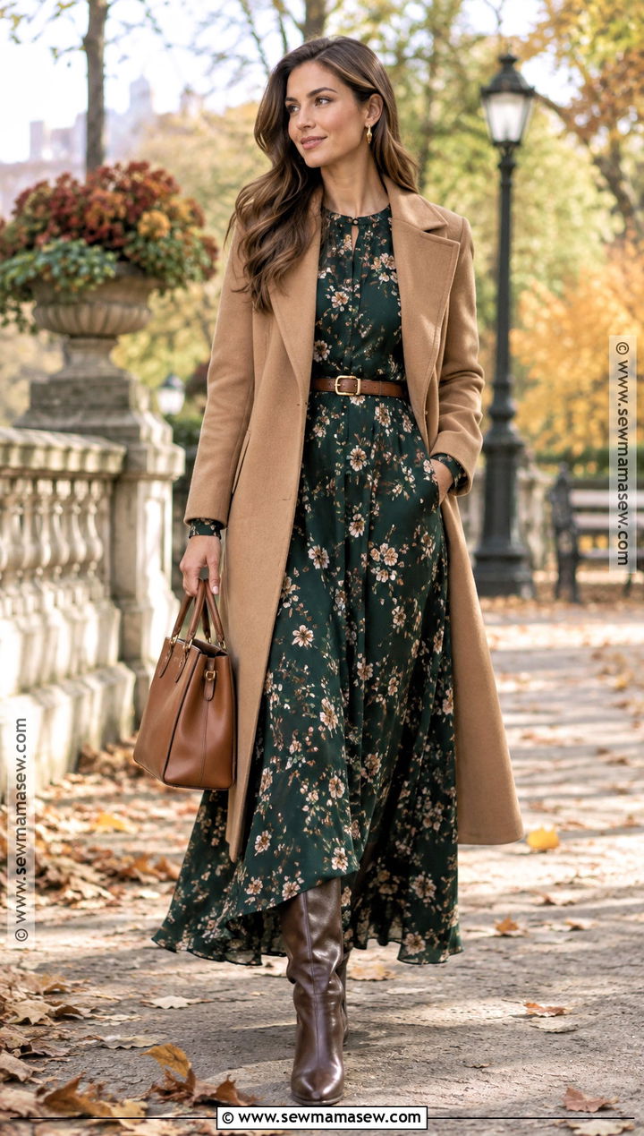 Green Floral Maxi Dress With Camel Coat - 20 fall outfits dresses