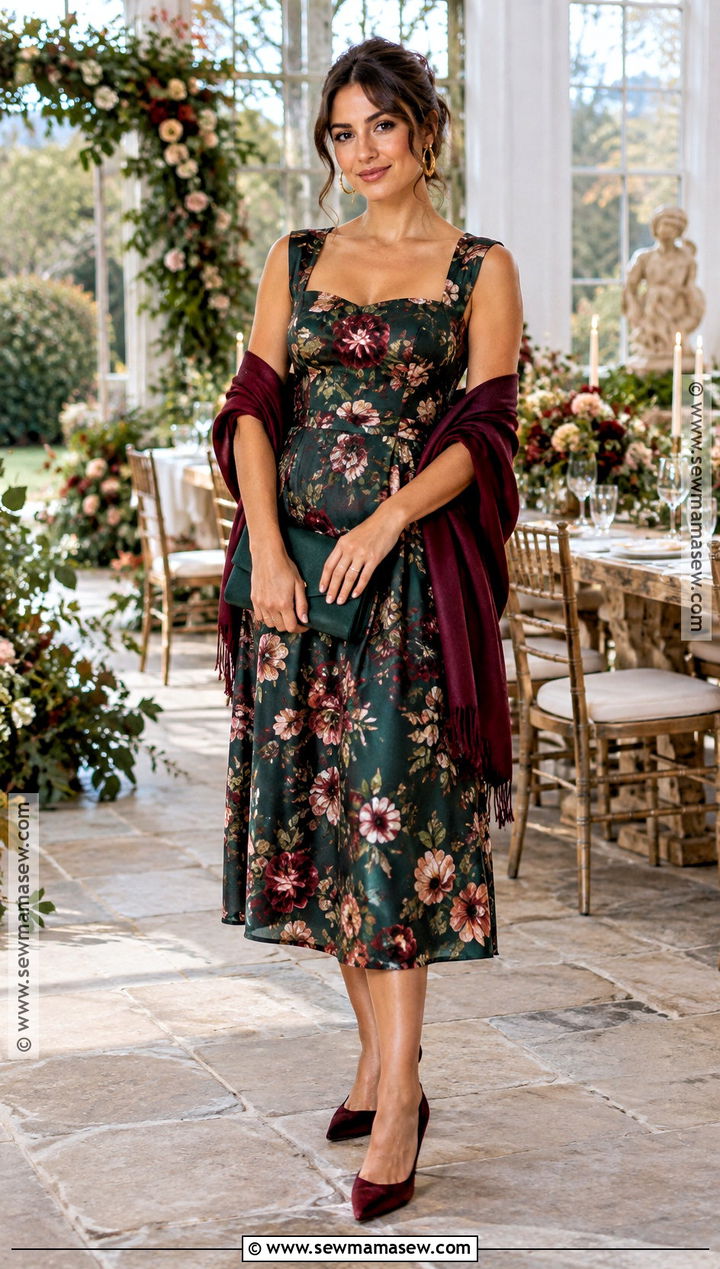 Green Floral Midi Dress With Burgundy Heels - 15 green wedding guest dress fall ideas