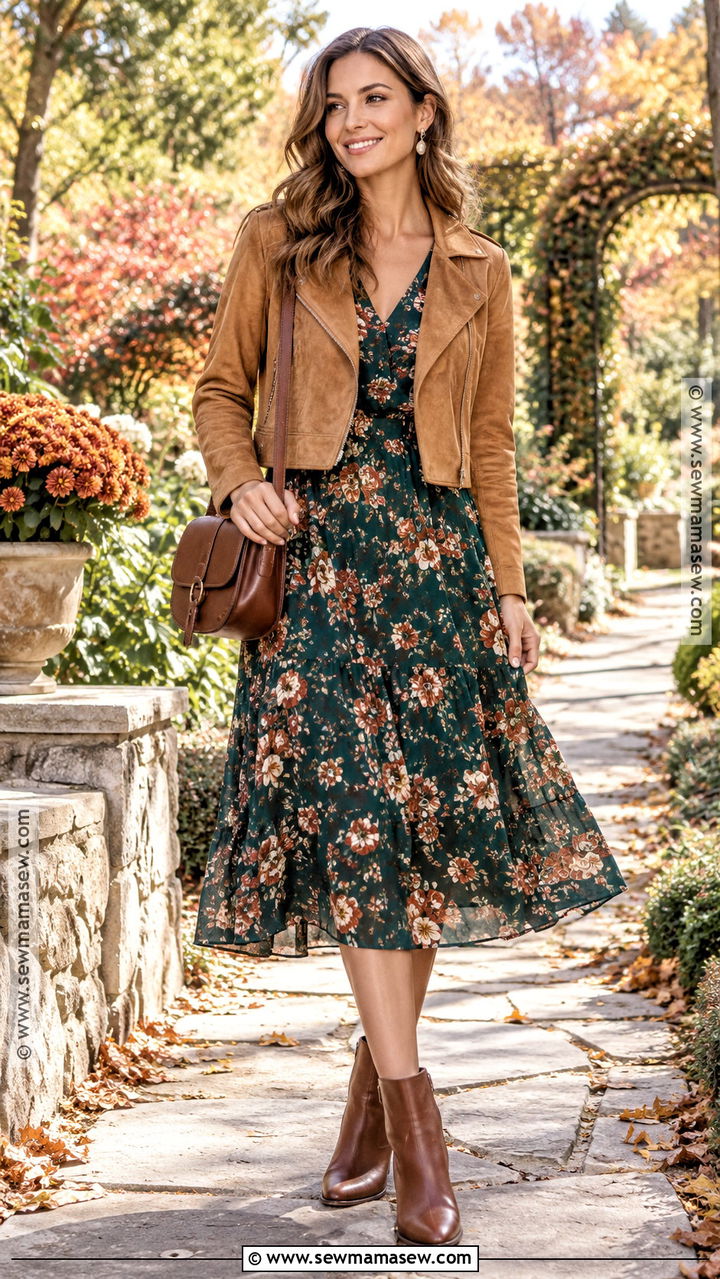 Green Floral Midi Dress and Suede Jacket Outfit - 20 Green Fall Outfits for Women