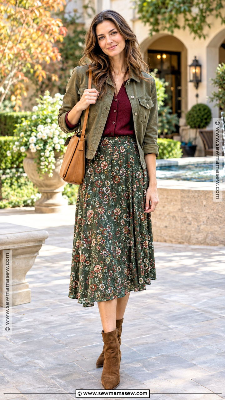 Green Floral Midi Skirt With Cardigan And Boots - 20 Green Skirt Fall Outfit Ideas