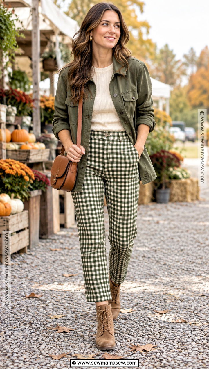 Green Gingham Pants With Utility Jacket And Boots - 20 Gingham Pants Outfit Fall
