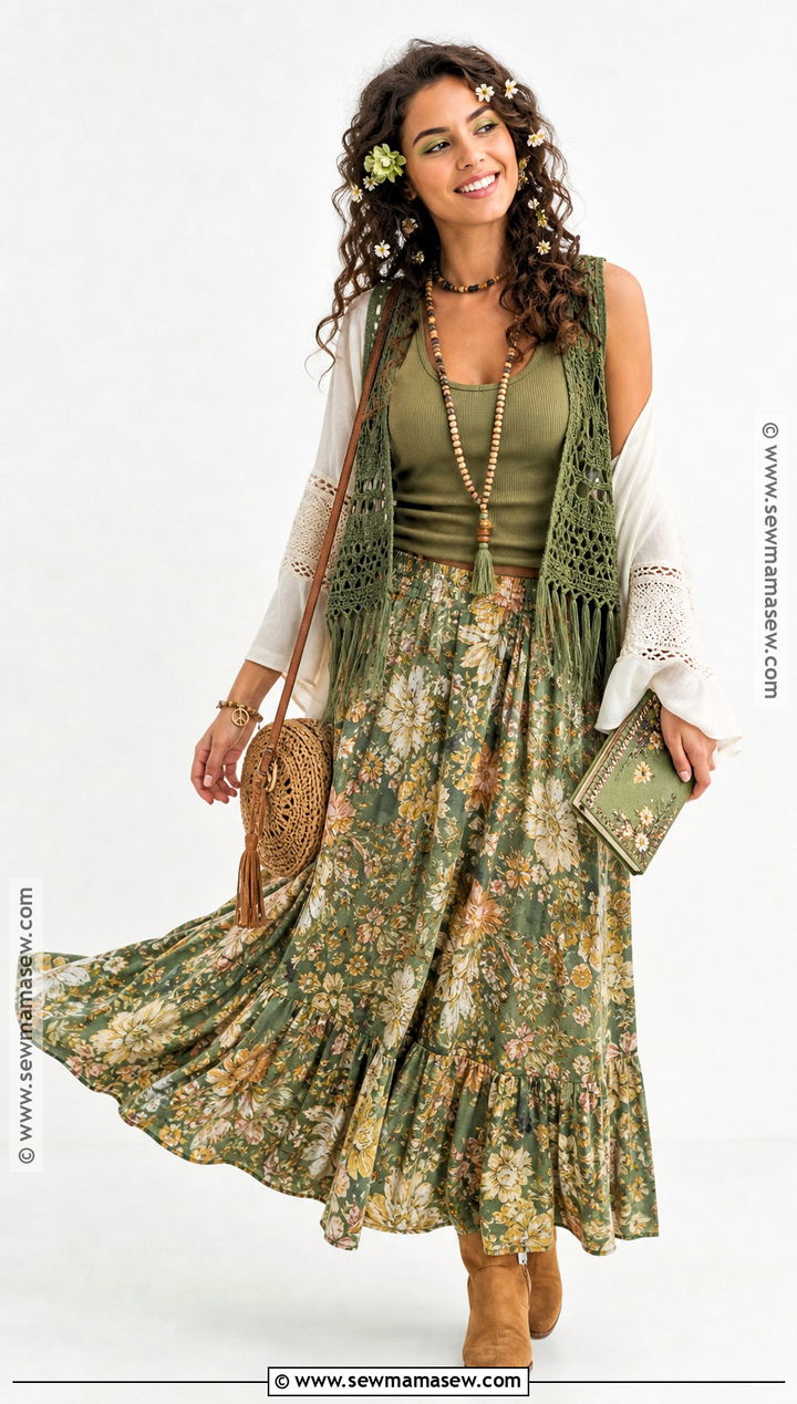 Green Hippie Costume With Floral Maxi Skirt - 45 hippie costume ideas