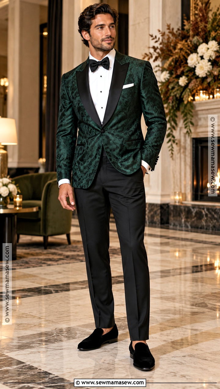 Green Jacquard Dinner Jacket With Black Pants - 15 fall wedding tux groom attire green ideas