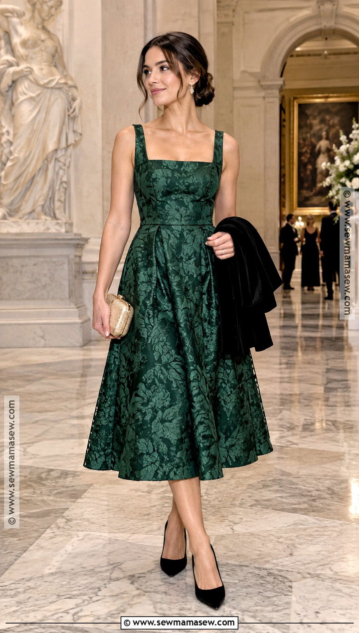 Green Jacquard Fit And Flare Dress - 15 fall green wedding guest dress ideas