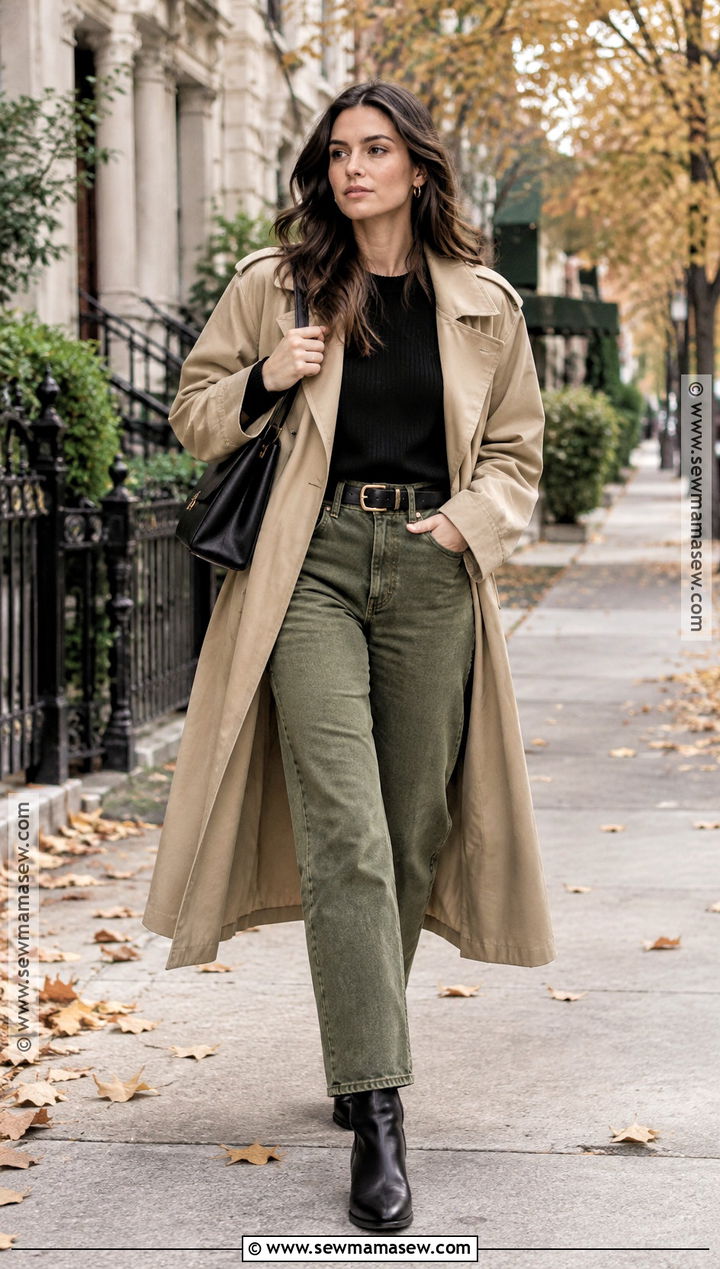 Green Jeans With Beige Trench Coat - 20 green pants outfit fall
