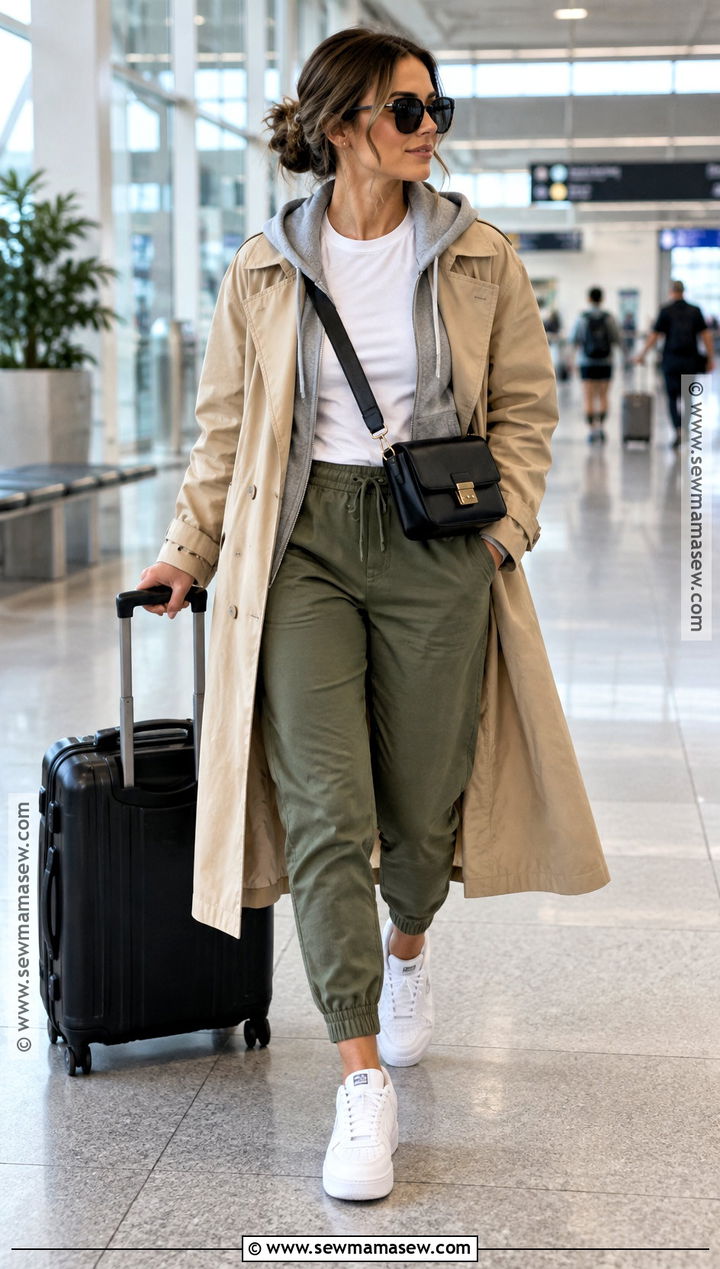 Green Jogger Pants With Hoodie and Trench Coat - 20 green pants fall outfit