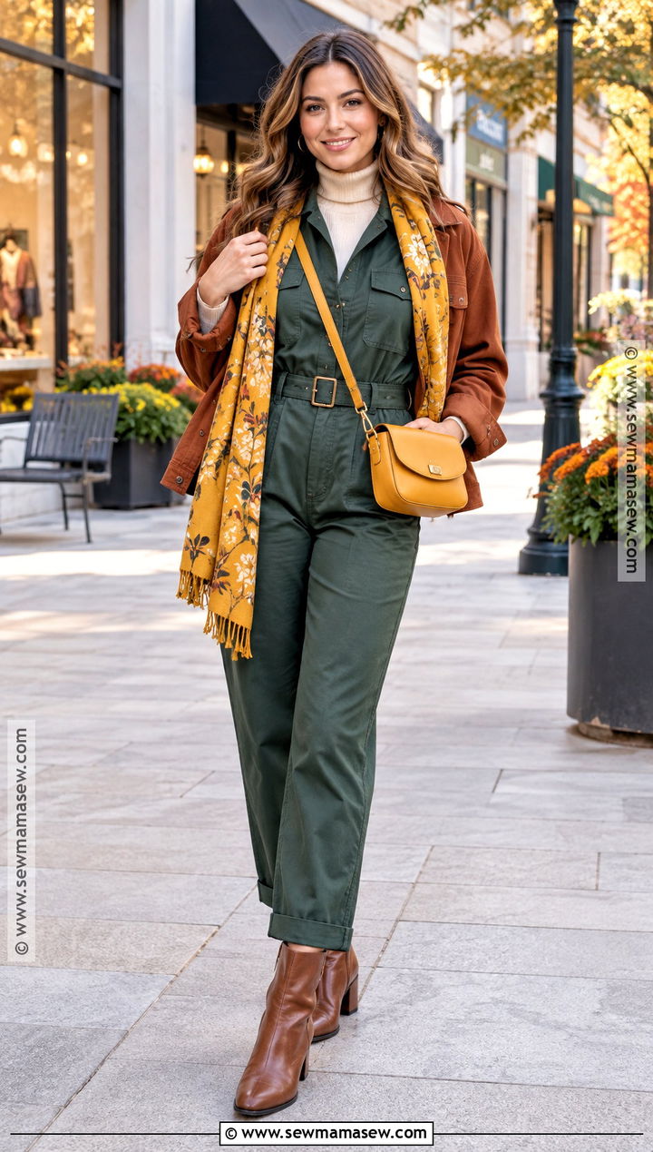 Green Jumpsuit and Yellow Accessories Autumn Outfit - 25 colourful autumn outfits