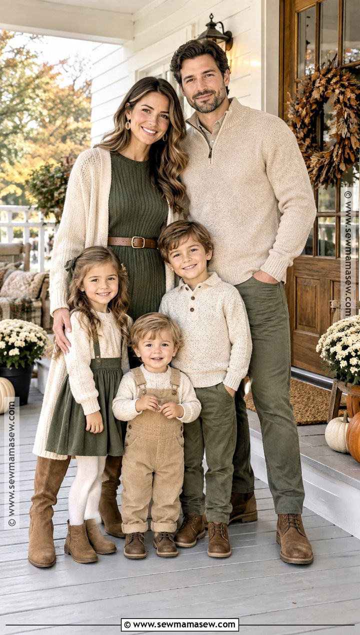 Green Knit Dress With Cream Cardigan Family Outfits - 15 Green Dress Fall Family Photos Ideas