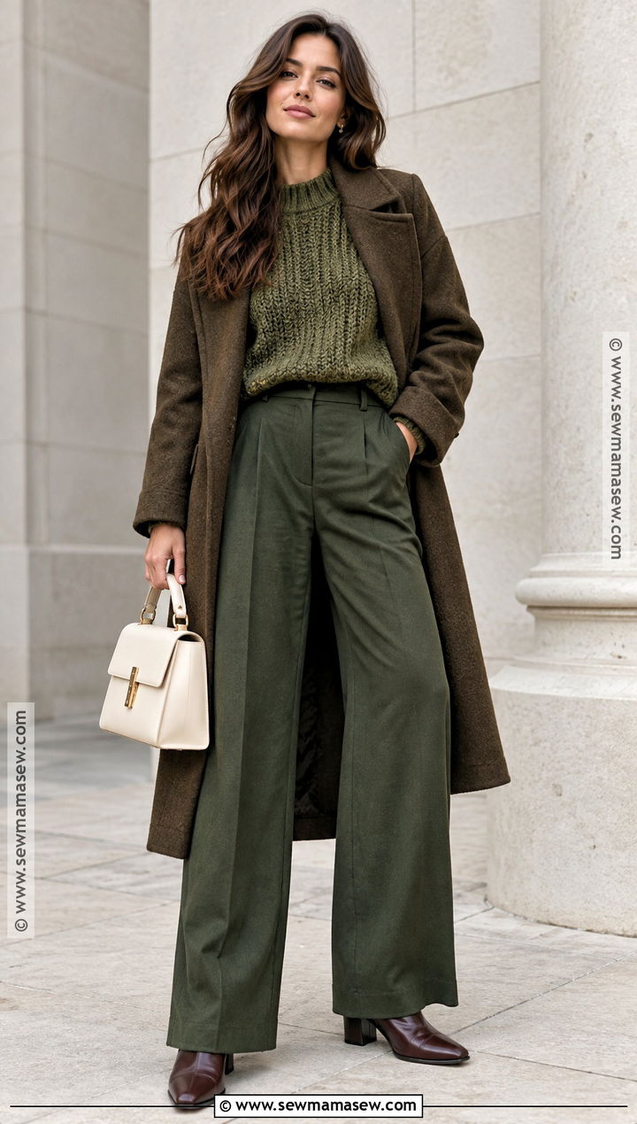 Green Knit Sweater With Green Pants And Brown Coat - 15 green knit sweater fall style ideas