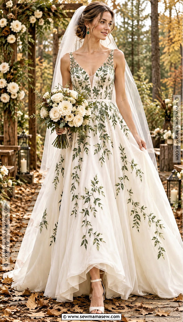 Green Leaf Embroidery Wedding Dress - 15 Autumn Leaf Wedding Dress Ideas