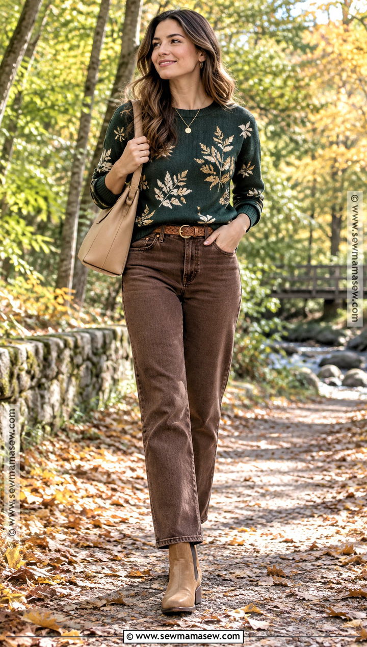 Green Leaf Sweater With Brown Jeans - 15 fall leaf sweater ideas