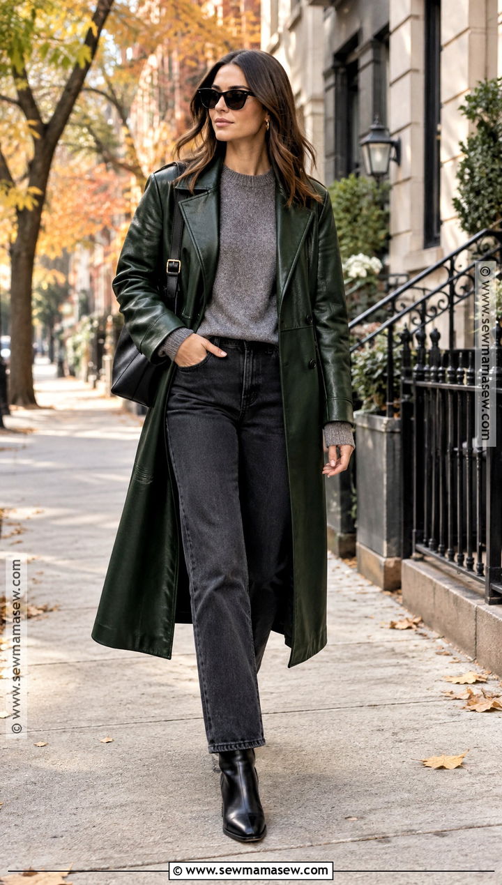 Green Leather Coat With Denim - 15 green fall coat ideas
