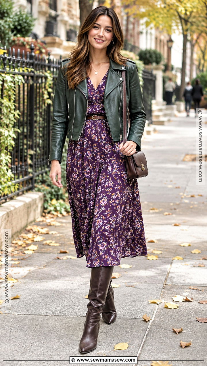 Green Leather Jacket and Purple Dress Fall Outfit - 15 Colorful Fall Street Style Ideas