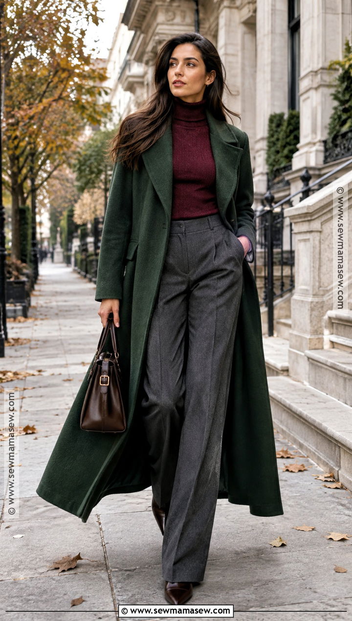 Green Maxi Coat With Burgundy Layers - 15 green fall coat ideas