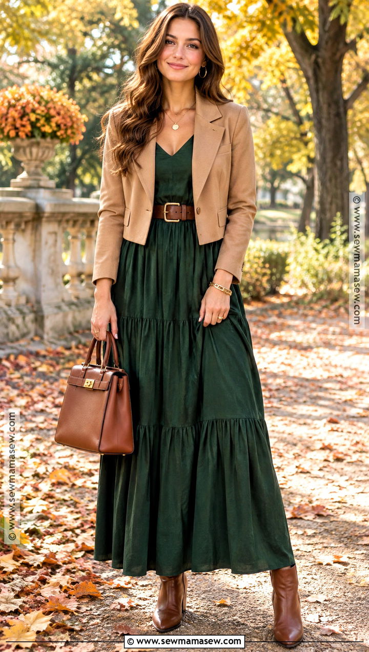 Green Maxi Dress With Brown Accessories - 25 Fall Maxi Dress Ideas