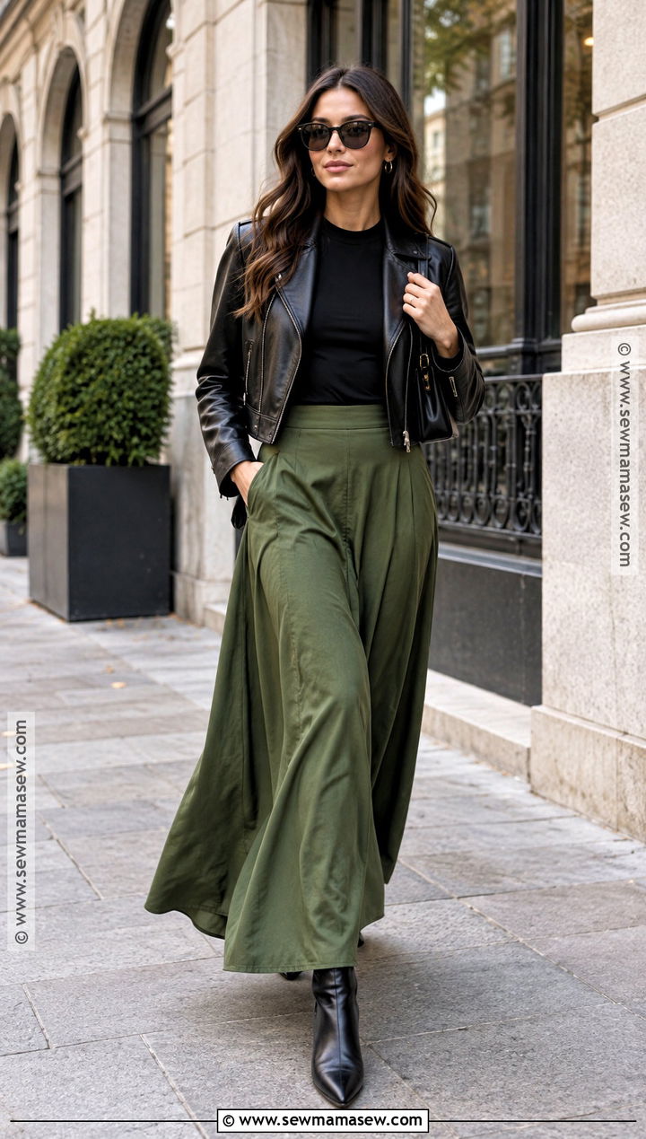 Green Maxi Skirt With Leather Jacket - 20 green skirt outfit fall ideas