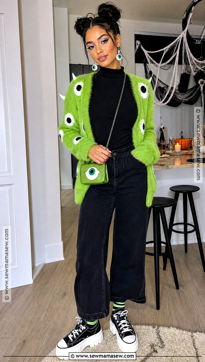 Green Monster Halloween Outfit With Fuzzy Cardigan - 35 Halloween Outfits for Women