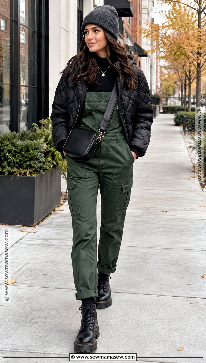 Green Overalls With Black Top And Lug Sole Boots - 25 overalls outfit fall