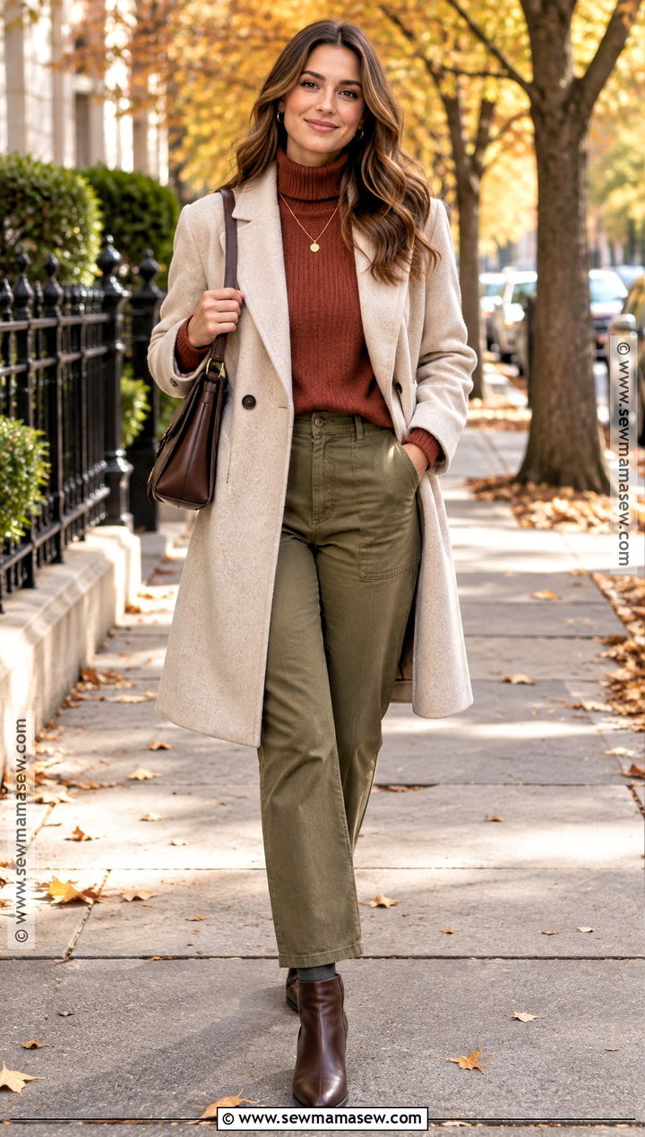 Green Pants With Rust Sweater - 20 green pants outfit fall