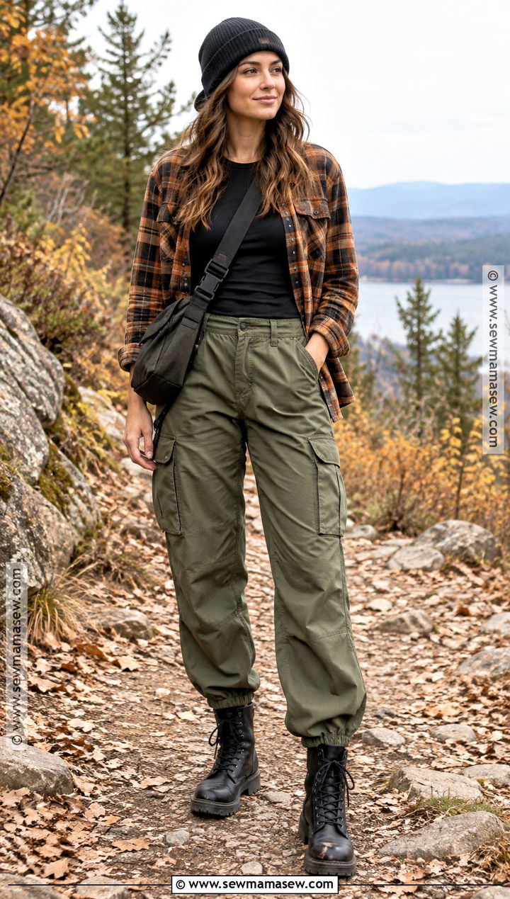 Green Parachute Pants With Plaid Overshirt - 15 Fall Outfits Parachute Pants