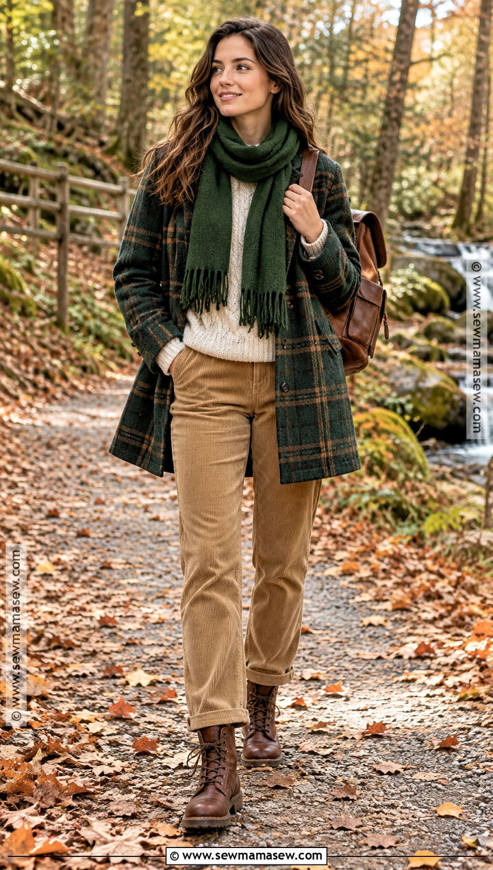 Green Plaid Coat With Corduroy Pants And Lace Up Boots - 15 autumn outfit with plaid coat and boots