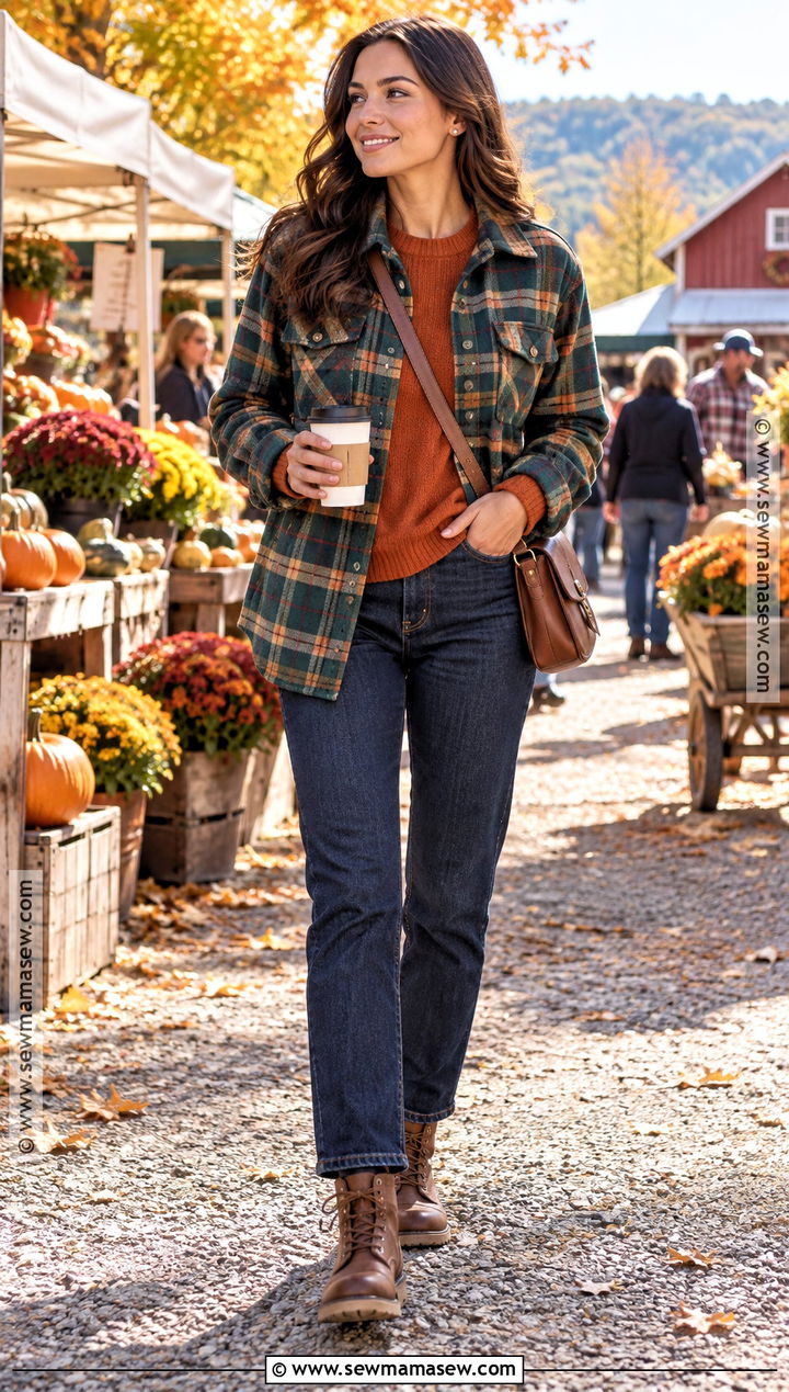 Green Plaid Jacket And Orange Sweater Outfit - 15 Colorful Fall Outfits 2026