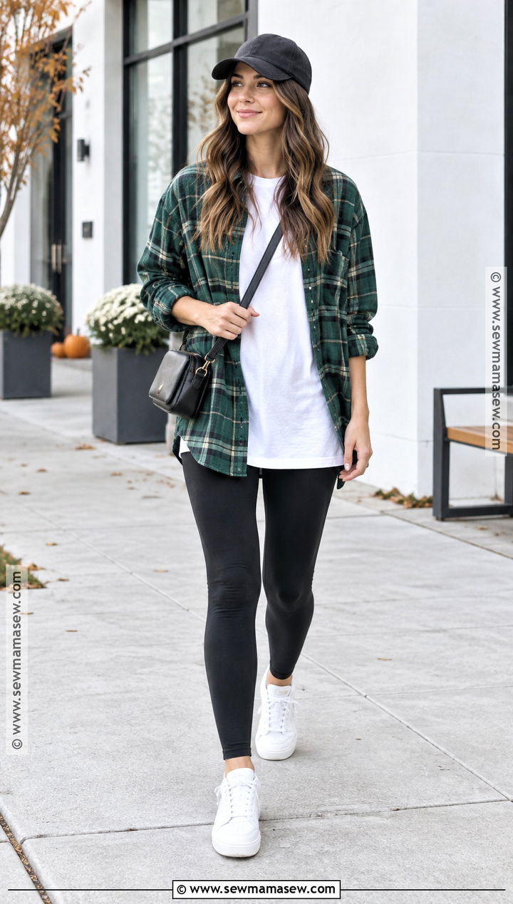 Green Plaid Shirt With Black Leggings And White Sneakers - 15 green plaid shirt outfit fall ideas