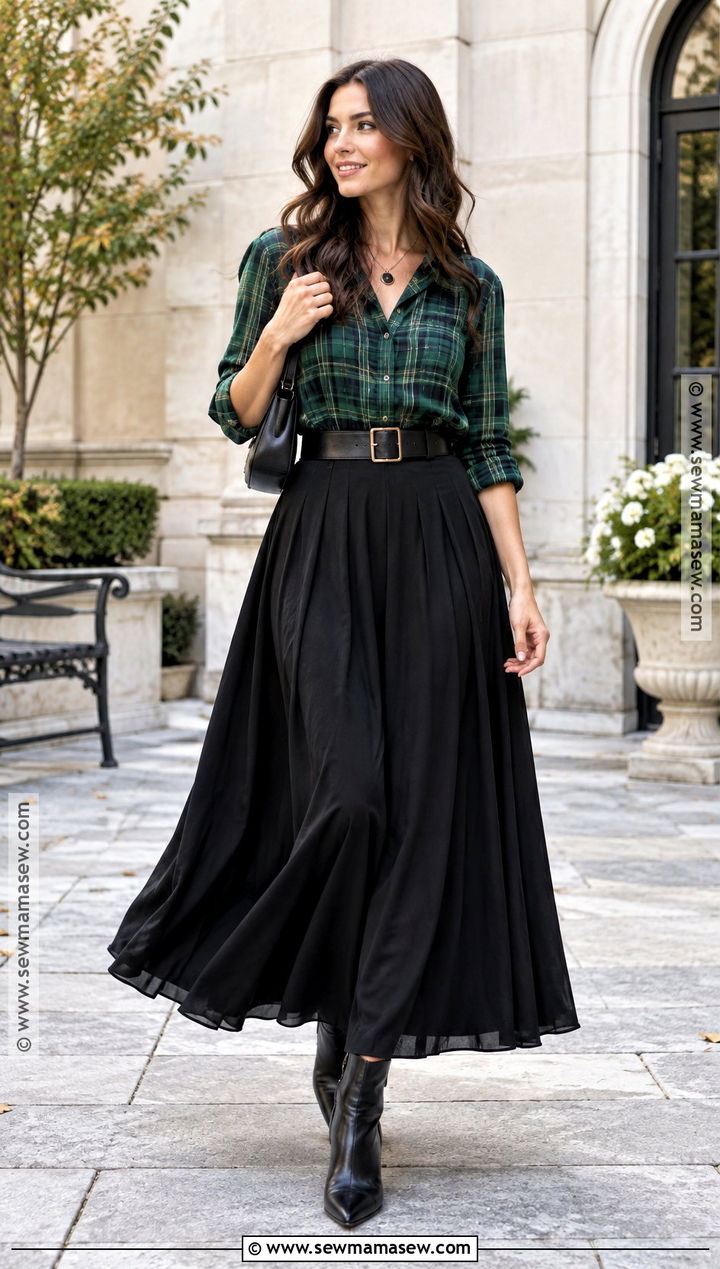 Green Plaid Shirt With Black Maxi Skirt And Belt - 15 green plaid shirt outfit fall ideas