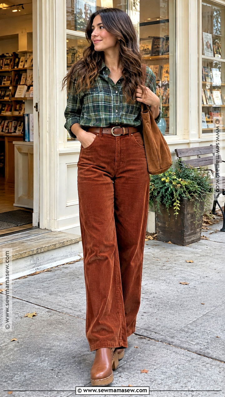 Green Plaid Shirt With Corduroy Pants And Clogs - 15 green plaid shirt outfit fall ideas
